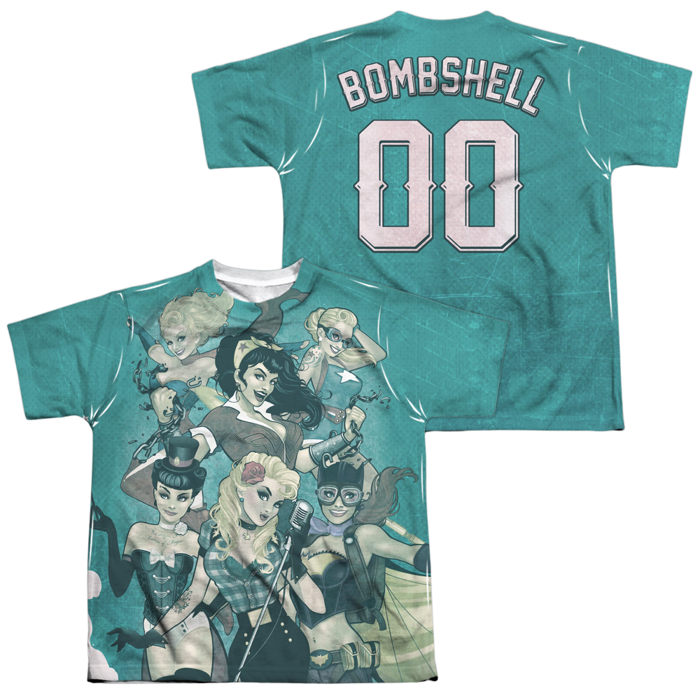 Justice League Bombshell Group (Front/Back Print) - Youth All-Over Print T-Shirt Youth All-Over Print T-Shirt (Ages 8-12) Justice League   
