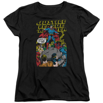 Black women's t-shirt with Justice League Ultimate Scarifice graphic