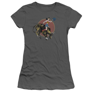Charcoal juniors t-shirt with Wonder Woman Justice League Bull Rider graphic