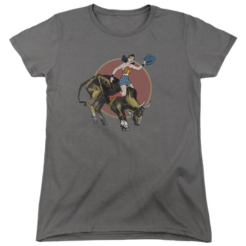 Charcoal women's t-shirt with Wonder Woman Justice League Bull Rider graphic