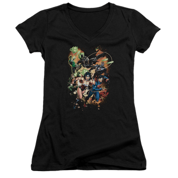 Black juniors v-neck t-shirt with Justice League Battle Ready graphic