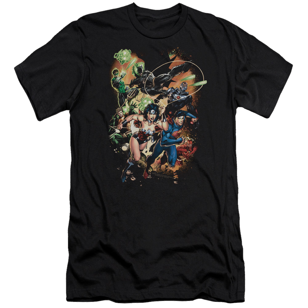 Jla Battle Ready Premium Adult Slim Fit T-Shirt Men's Premium Slim Fit T-Shirt Justice League   