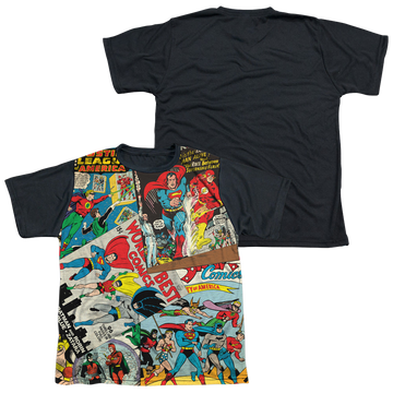 Justice League Classic Collage youth black back t-shirt for ages 8 to 12