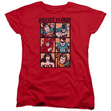 Red women's t-shirt with Justice League Rough Panels graphic