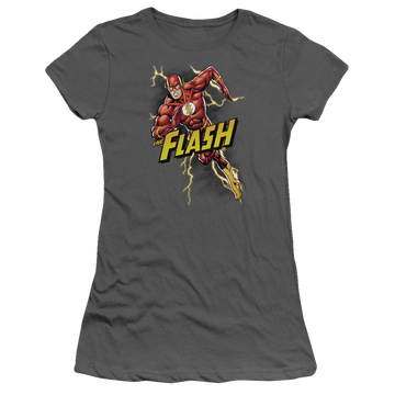 Charcoal juniors t-shirt with The Flash Bolt Run graphic