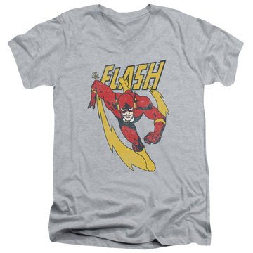 Athletic heather men's v-neck t-shirt with The Flash Lightning Trail graphic