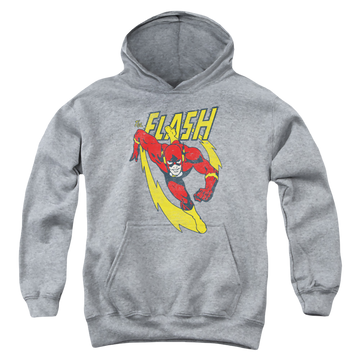 Athletic heather youth hoodie for ages 8 to 12 with The Flash Lightning Trail graphic