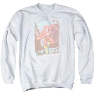 White men's crewneck sweatshirt with The Flash Running Wild graphic