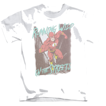 White kid's t-shirt for ages 4 to 7 with The Flash Running Wild graphic