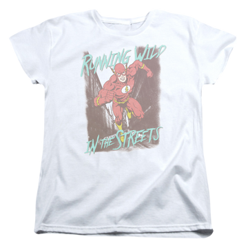 White women's t-shirt with The Flash Running Wild graphic