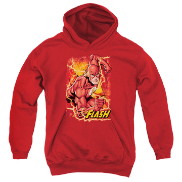 Red youth hoodie for ages 8 to 12 with Flash Lightning graphic