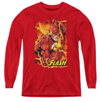 Red youth long sleeve t-shirt with Flash Lightning graphic