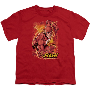 Red youth t-shirt for ages 8 to 12 with Flash Lightning graphic