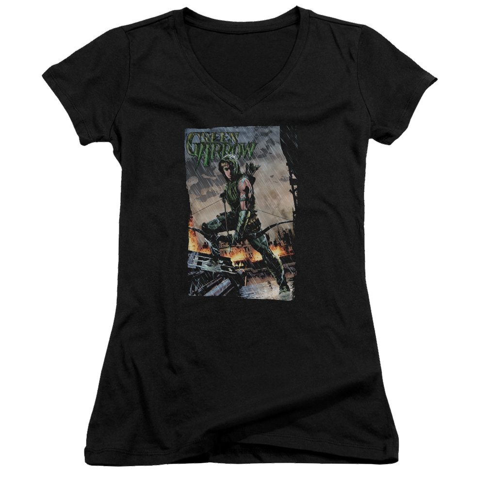 Green Arrow Fire And Rain - Juniors V-Neck T-Shirt Juniors V-Neck T-Shirt Green Arrow   