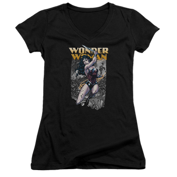 Black juniors v-neck t-shirt with Wonder Woman Justice League Wonder Slice graphic