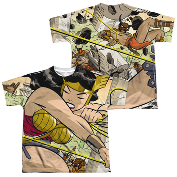 Wonder Woman Minotaur Battle youth all-over print t-shirt for ages 8 to 12