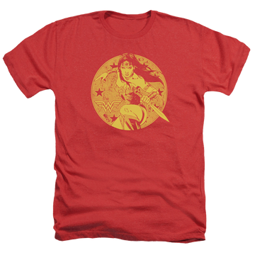 Red men's heather t-shirt with Wonder Woman Justice League Young Wonder graphic