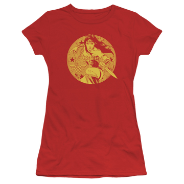 Red juniors t-shirt with Wonder Woman Justice League Young Wonder graphic