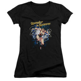 Justice League Starburst Juniors V-Neck T-Shirt Juniors V-Neck T-Shirt Wonder Woman   