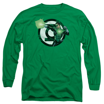 Kelly green men's long sleeve t-shirt with Green Lantern Justice League Blasting Logo graphic