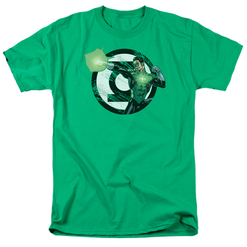 Kelly green men's regular fit t-shirt with Green Lantern Justice League Blasting Logo graphic