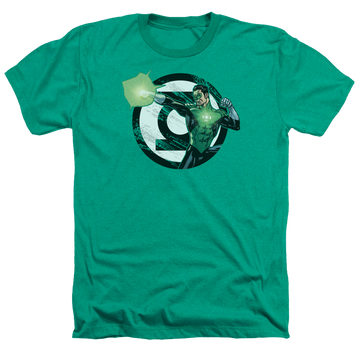 Kelly green men's heather t-shirt with Green Lantern Justice League Blasting Logo graphic