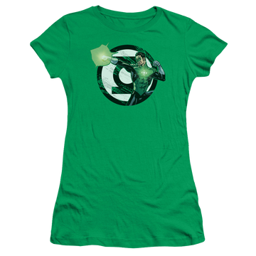 Kelly green juniors t-shirt with Green Lantern Justice League Blasting Logo graphic