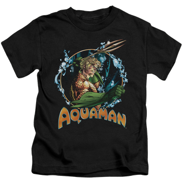 Black kid's t-shirt for ages 4 to 7 with Aquaman Ruler Of The Seas graphic