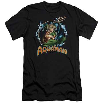 Black men's premium slim fit t-shirt with Aquaman Ruler Of The Seas graphic