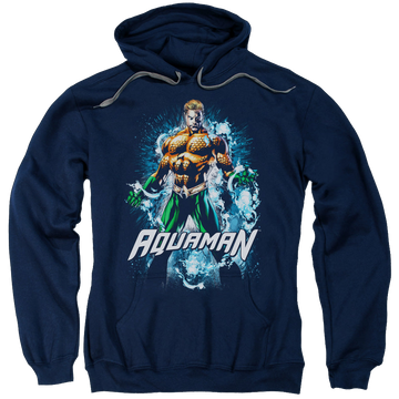 Navy pullover hoodie with Aquaman Water Powers graphic