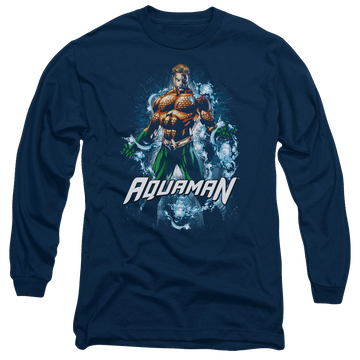 Navy men's long sleeve t-shirt with Aquaman Water Powers graphic
