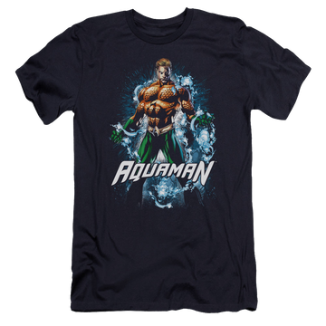 Navy men's premium slim fit t-shirt with Aquaman Water Powers graphic
