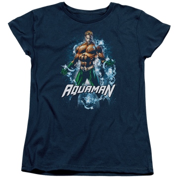 Navy women's t-shirt with Aquaman Water Powers graphic