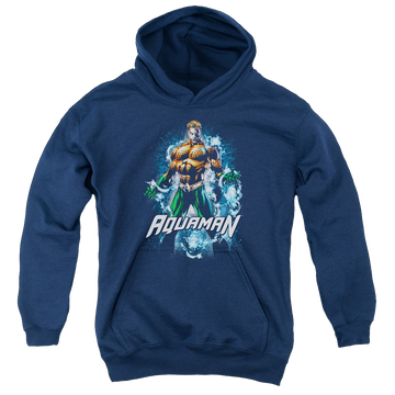 Navy youth hoodie for ages 8 to 12 with Aquaman Water Powers graphic