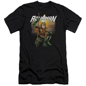 Black men's premium slim fit t-shirt with Aquaman Beach Sunset graphic