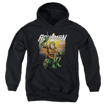 Black youth hoodie for ages 8 to 12 with Aquaman Beach Sunset graphic