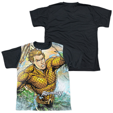 Aquaman Rough Seas youth black back t-shirt for ages 8 to 12