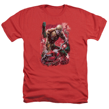 Red men's heather t-shirt with Aquaman Finished graphic