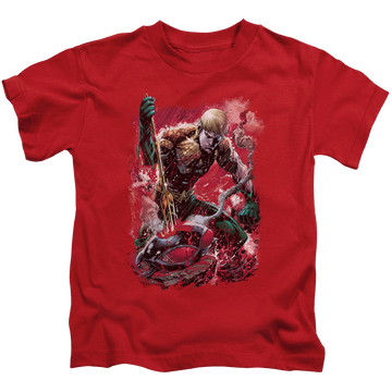 Red kid's t-shirt for ages 4 to 7 with Aquaman Finished graphic