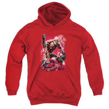 Red youth hoodie for ages 8 to 12 with Aquaman Finished graphic