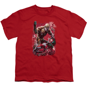 Red youth t-shirt for ages 8 to 12 with Aquaman Finished graphic