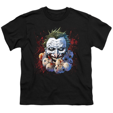 Black youth t-shirt for ages 8 to 12 with Joker Doll Heads graphic