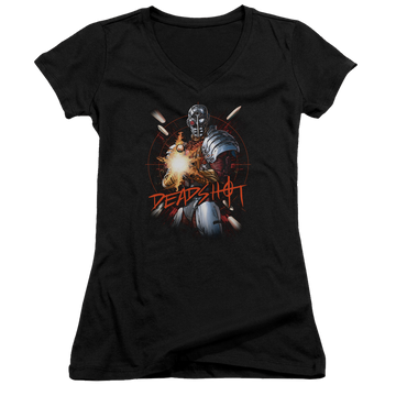 Black juniors v-neck t-shirt with DC Comics Justice League Deadshot graphic