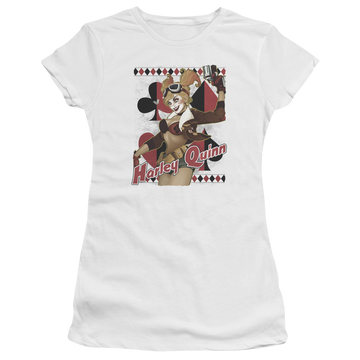 White juniors t-shirt with Wonder Woman Justice League Harley Bombshetll graphic