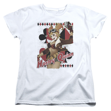 White women's t-shirt with Wonder Woman Justice League Harley Bombshetll graphic