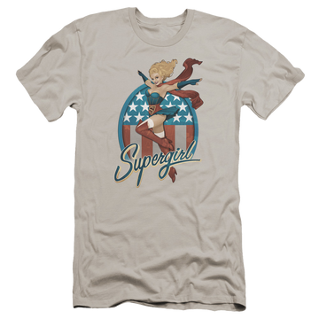 Silver men's premium slim fit t-shirt with Superman Justice League Supergirl Bombshell graphic