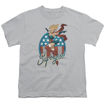 Silver youth t-shirt for ages 8 to 12 with Superman Supergirl Bombshell graphic