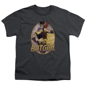Charcoal youth t-shirt for ages 8 to 12 with Batman Batgirl Bombshell graphic