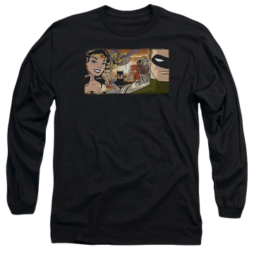 Black men's long sleeve t-shirt with Justice League Cinematic League graphic