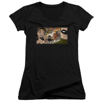 Black juniors v-neck t-shirt with Justice League Cinematic League graphic